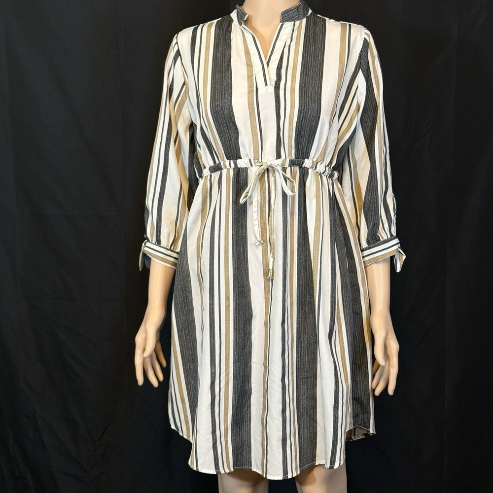 Hint of Blush Striped Tunic Shirt Dress Empire Waist V Neck Roll Tab Sleeve S